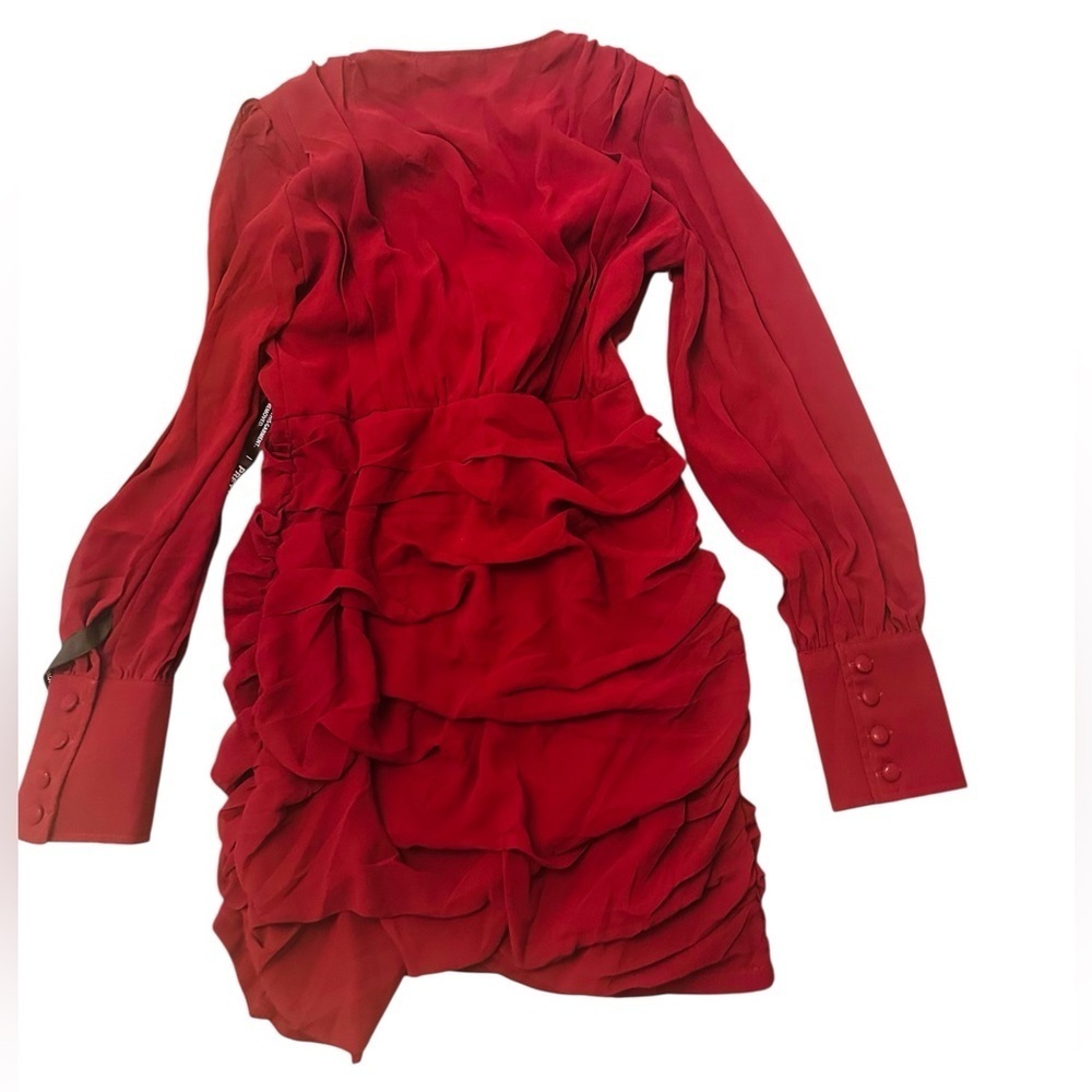 PrettyLittleThing Red Chiffon Ruched Bodycon Long Sleeve Dress NWT Womens 10 - Picture 5 of 10